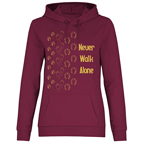 wowshirt Damen Hoodie Never Walk Alone Pfote Hufeisen Pferd Hund Reiter Reiten Reiterin Geschenk für Pferde-Liebhaber, Größe:M, Farbe:Burgundy von wowshirt