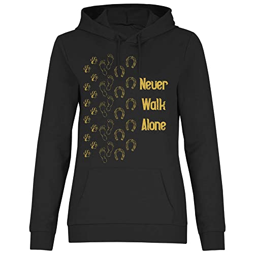 wowshirt Damen Hoodie Never Walk Alone Pfote Hufeisen Pferd Hund Reiter Reiten Reiterin Geschenk für Pferde-Liebhaber, Größe:S, Farbe:Black von wowshirt