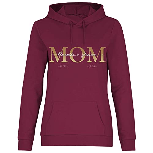 wowshirt Damen Hoodie Personalisiertes Geschenk für Mama Kinder Namen und Geburtsjahr Mom Muttertag, Größe:M, Farbe:Burgundy von wowshirt