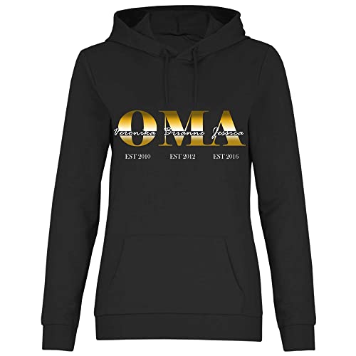 wowshirt Damen Hoodie Personalisiertes Geschenk für Oma Kinder Namen und Geburtsjahr, Größe:XL, Farbe:Black von wowshirt