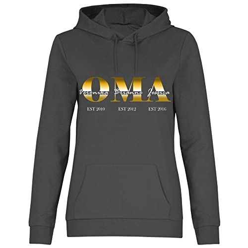 wowshirt Damen Hoodie Personalisiertes Geschenk für Oma Kinder Namen und Geburtsjahr, Größe:XL, Farbe:Light Graphite von wowshirt