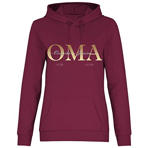 wowshirt Damen Hoodie Personalisiertes Geschenk für Oma Kinder Namen und Geburtsjahr Muttertag, Größe:L, Farbe:Burgundy von wowshirt