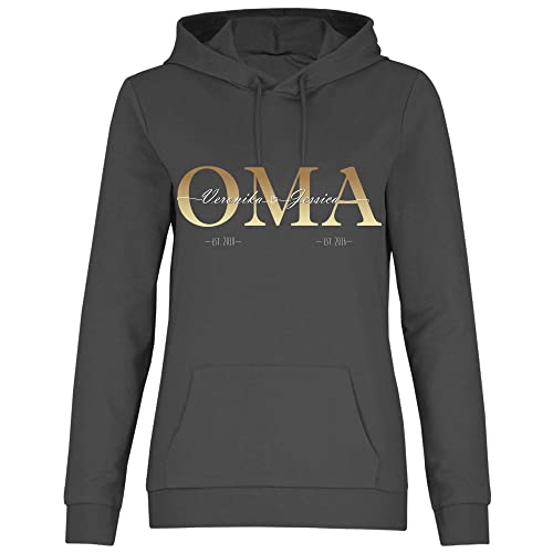 wowshirt Damen Hoodie Personalisiertes Geschenk für Oma Kinder Namen und Geburtsjahr Muttertag, Größe:S, Farbe:Light Graphite von wowshirt