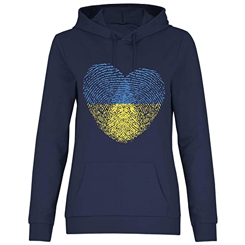 wowshirt Damen Hoodie Solidarität Ukraine Frieden Hertz DNA Ukrainische Flagge, Größe:M, Farbe:Deep Navy von wowshirt