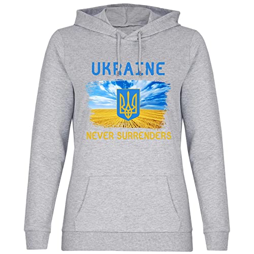 wowshirt Damen Hoodie Ukraine Never Surrenders Selenskyj Ukrainische Flagge Demo, Größe:M, Farbe:Heather Grey von wowshirt