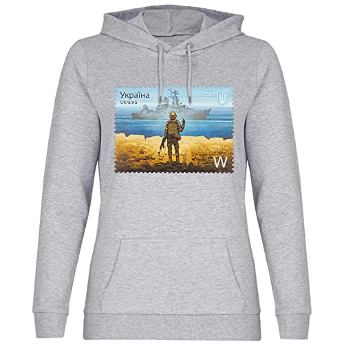 wowshirt Damen Hoodie Ukrainische Flagge Ukraine Briefmarke Soldat Stinkefinger Demo, Größe:L, Farbe:Heather Grey von wowshirt