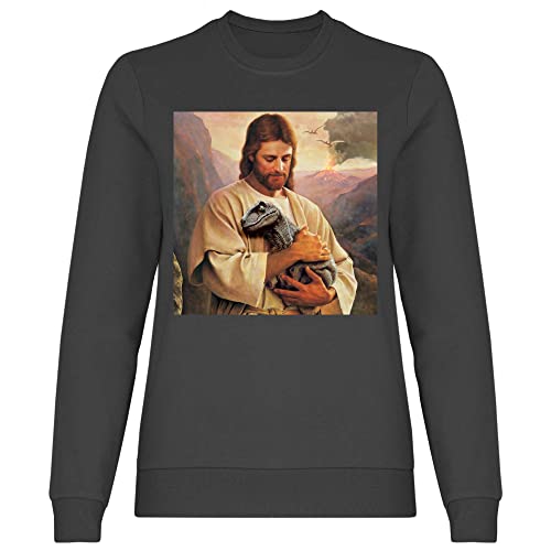 wowshirt Damen Sweatshirt Jesus Hält Dino Dinosaur Atheist Atheismus Nerd Geek, Größe:M, Farbe:Light Graphite von wowshirt