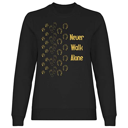 wowshirt Damen Sweatshirt Never Walk Alone Pfote Hufeisen Pferd Hund Reiter Reiten Reiterin Geschenk für Pferde-Liebhaber, Größe:S, Farbe:Black von wowshirt