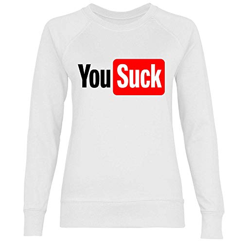 wowshirt Damen Sweatshirt You Suck Logoparodie Nervensägen Beleidigung Menschenhasser, Größe:L, Farbe:White von wowshirt