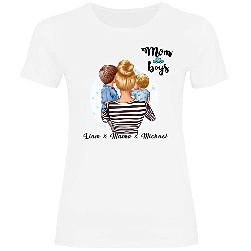 wowshirt Damen T-Shirt Geschenk Mama Personalisiert mit Namen Kinder Kind Sohn Tochter Geburtstag Muttertag Mom, Größe:3XL, Farbe:2 Söhne White von wowshirt