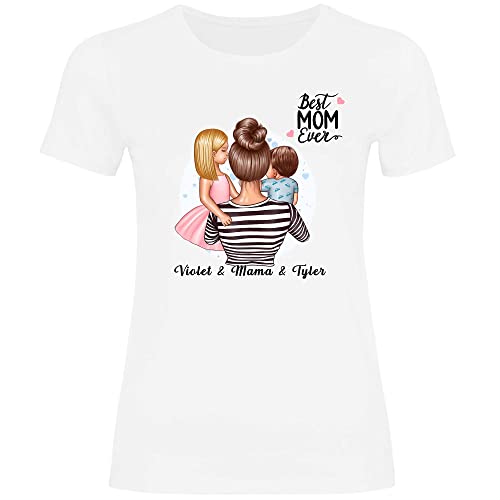 wowshirt Damen T-Shirt Geschenk Mama Personalisiert mit Namen Kinder Kind Sohn Tochter Geburtstag Muttertag Mom, Größe:3XL, Farbe:Tochter und Sohn White von wowshirt