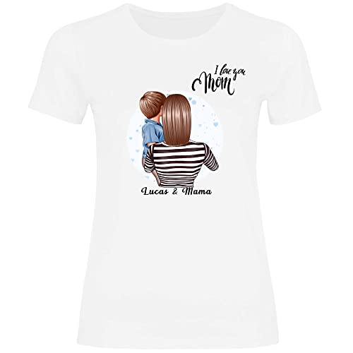 wowshirt Damen T-Shirt Geschenk Mama Personalisiert mit Namen Kinder Kind Sohn Tochter Geburtstag Muttertag Mom, Größe:L, Farbe:Sohn (Links) White von wowshirt