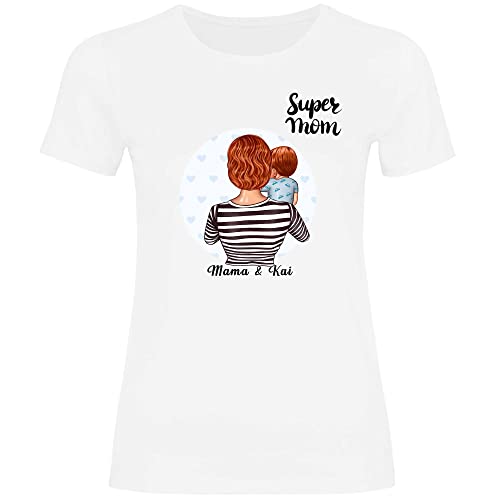 wowshirt Damen T-Shirt Geschenk Mama Personalisiert mit Namen Kinder Kind Sohn Tochter Geburtstag Muttertag Mom, Größe:M, Farbe:Sohn (Rechts) White von wowshirt