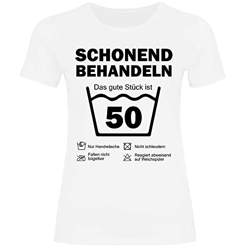 wowshirt Damen T-Shirt Schonend Behandeln Das Gute Stück Ist 50 Geschenk zum 50. Geburtstag 50 Jahre, Größe:L, Farbe:White von wowshirt