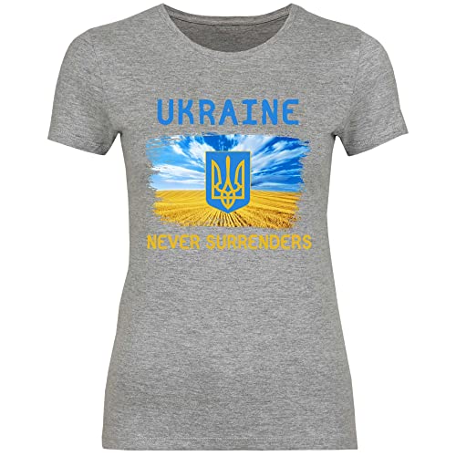 wowshirt Damen T-Shirt Ukraine Never Surrenders Selenskyj Ukrainische Flagge Demo, Größe:M, Farbe:Sport Grey (Heather) von wowshirt
