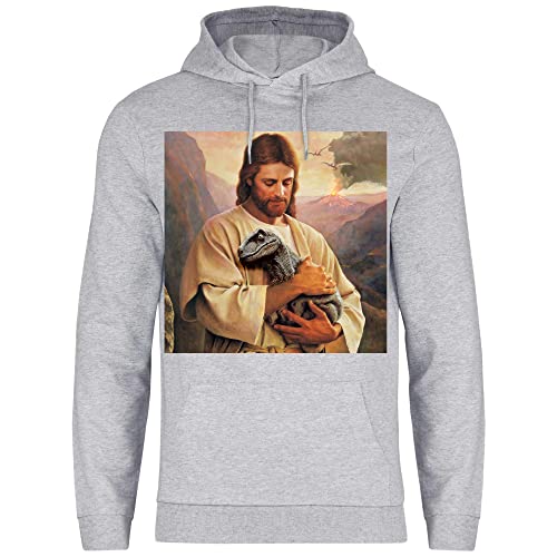 wowshirt Herren Hoodie Jesus Hält Dino Dinosaur Atheist Atheismus Nerd Geek, Größe:L, Farbe:Heather Grey von wowshirt