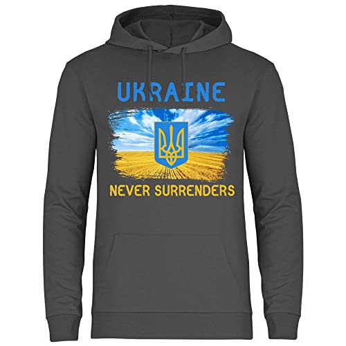 wowshirt Herren Hoodie Ukraine Never Surrenders Selenskyj Ukrainische Flagge Demo, Größe:5XL, Farbe:Light Graphite von wowshirt