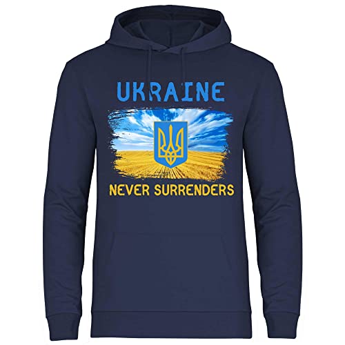 wowshirt Herren Hoodie Ukraine Never Surrenders Selenskyj Ukrainische Flagge Demo, Größe:L, Farbe:Deep Navy von wowshirt