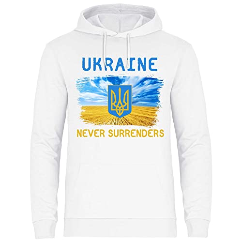 wowshirt Herren Hoodie Ukraine Never Surrenders Selenskyj Ukrainische Flagge Demo, Größe:S, Farbe:White von wowshirt