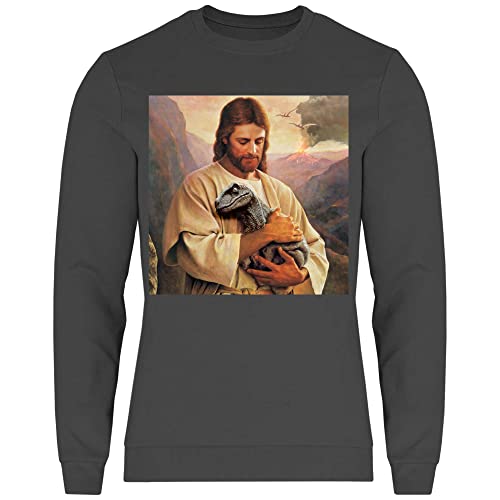 wowshirt Herren Sweatshirt Jesus Hält Dino Dinosaur Atheist Atheismus Nerd Geek, Größe:L, Farbe:Light Graphite von wowshirt