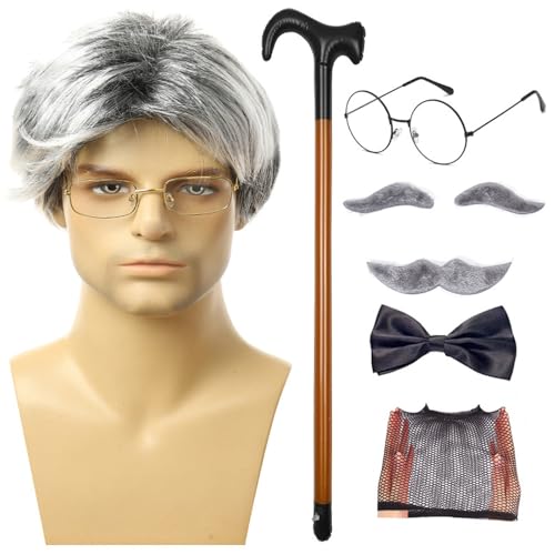 Perruque et Moustache de Grand-Père – Ensemble de perruques Old Man Accessoire dee Déguisement pour Vieillard, Carnaval ou Théâtre – Ensemble Cheveux Gris ett Faux Moustaches pours Adultes von wqibq