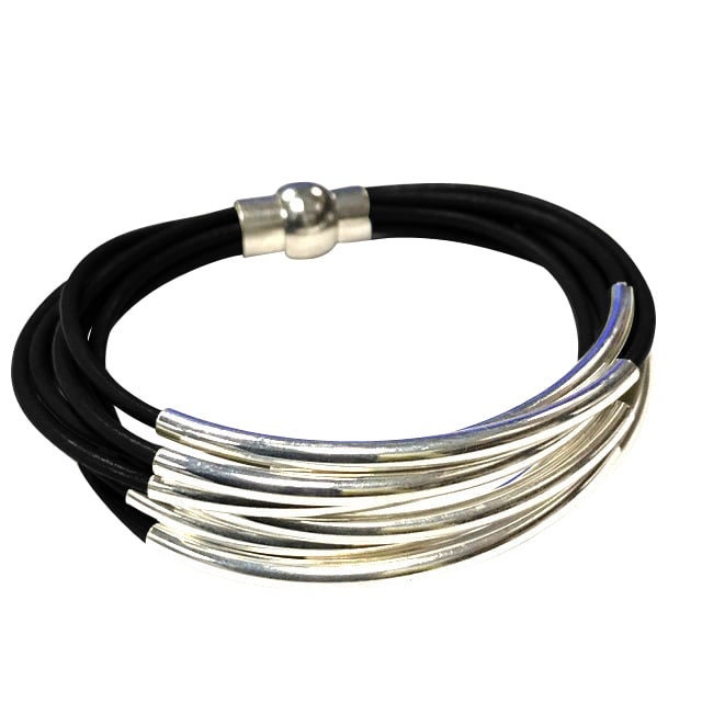 Geschenk Für Sie, Lederarmband, Boho Armband, Lederschmuck, Boho Schmuck, Silber Tube Perlen, Echtes Schwarzes Leder, Magnetverschluss von wrapsbyrenzel