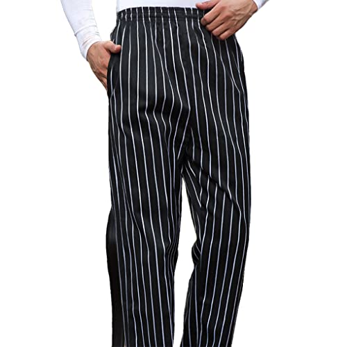 wueiooskj Kochhose Herren mit elastischen Taillentaschen Baggy Kochhose Kellneruniform Verschleißfeste hautfreundliche Kostüme, schwarz weiße Streifen, L von wueiooskj
