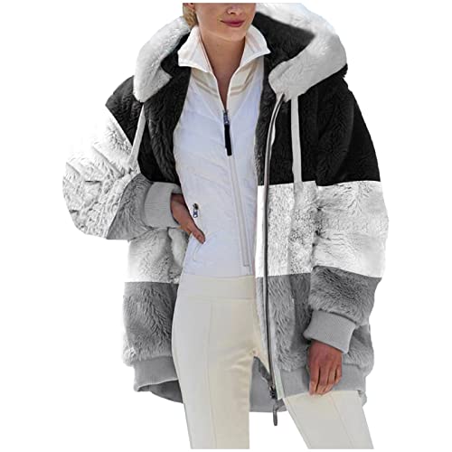 wuitopue Damen Mantel Kapuzenjacke Flauschig Doppelseitige Fleece Hoodie Colorblocking Fleecejacke Winterjacke Langarm Warm Hooded Plüschjacke Mit Reißverschluss Oversize Jacke Casual Jacke von wuitopue