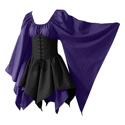 wuitopue Damen Mittelalter Kleid mit Trompetenärmel Gothic Retro Kleid Renaissance Cosplay Kostüm Fasching Karneval Party Halloween Kostüm Gothic Kleider Partykleider Für Damen von wuitopue