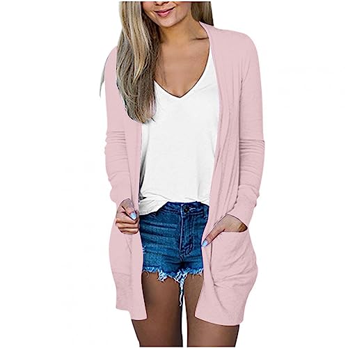 wuitopue Damen Strickjacke Langarmshirt Strickjacke mit Taschen Einfarbige Vorne Offen Jacke Leicht und dünn Cardigan Lang Jacke Casual Oberteile Elegant Strickmantel Lang Strickjacke von wuitopue