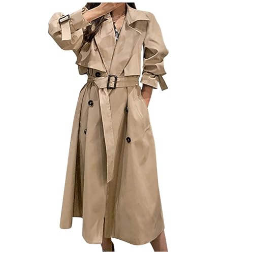 wuitopue Damen Trenchcoat Langer Zweireiher Mantel Winddichter Jacke Wintermantel Einfarbig Revers Damenmantel Windjacke Mit Taschen Und Knöpfen,Gürtel,Klassische Passform Mantel,Outerwear von wuitopue