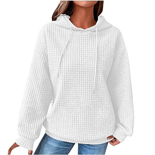 wuitopue Hoodie Damen Oversize Langarm Rundhals Sweatshirt Oberteile Herbst Winter Pullover Teenage Mädchen Kapuzenpullover Sweatshirt Tops Einfarbig Casual Mode Waffel Strickpullover von wuitopue