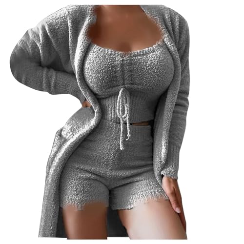 wuitopue Schlafanzug Damen Casual 3-Teiliges Set Hausanzug Flauschig Plüsch Pyjama Langarm Jacke Mantel + Hohe Taille Shorts/Lang Hosen + Crop Top Mode Winter Warm Hausanzug Loungewear Sets von wuitopue