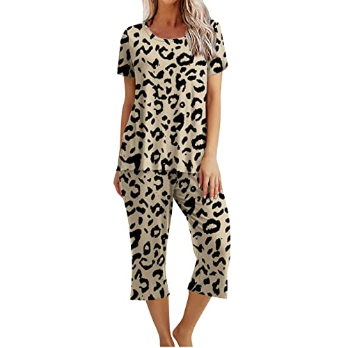 wuitopue Schlafanzug Damen Pyjama Rundhals Kurzarm Oberteile + 7/8 Hosen Nachtwäsche Für Frühling Herbst Pyjama Set Sportanzug Set Freizeitanzug 2 Teiliges Zweiteiliges Casual Homewear Set von wuitopue