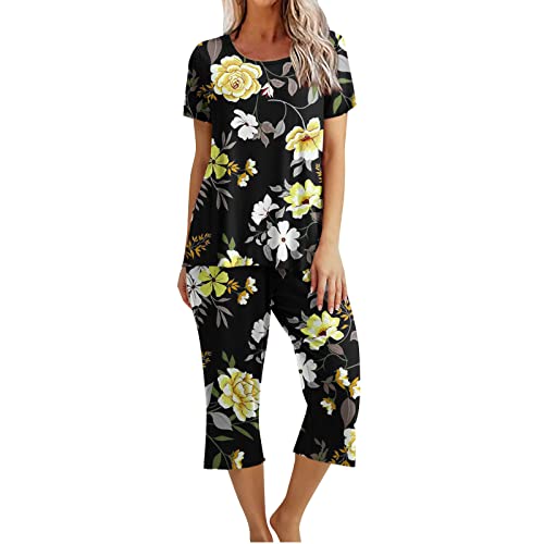 wuitopue Schlafanzug Damen Pyjama Rundhals Kurzarm Oberteile + 7/8 Hosen Nachtwäsche Für Frühling Herbst Pyjama Set Sportanzug Set Freizeitanzug 2 Teiliges Zweiteiliges Casual Homewear Set von wuitopue