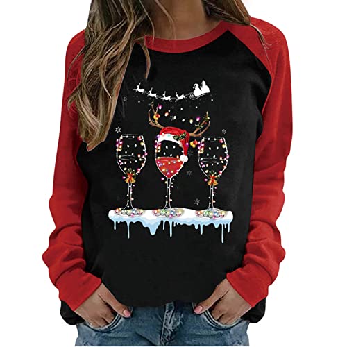 wuitopue Weihnachten Pullover Damen Rundhals Langarm T-Shirt Farbblock Lustige Weihnachten Weinglas drucken T Shirt Mädchen Xmas Festliches Sweatshirts Pullover Herbstkleidung Tshirt von wuitopue