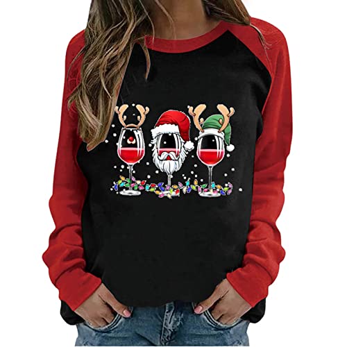 wuitopue Weihnachten Pullover Damen Rundhals Langarm T-Shirt Farbblock Lustige Weihnachten Weinglas drucken T Shirt Mädchen Xmas Festliches Sweatshirts Pullover Herbstkleidung Tshirt von wuitopue