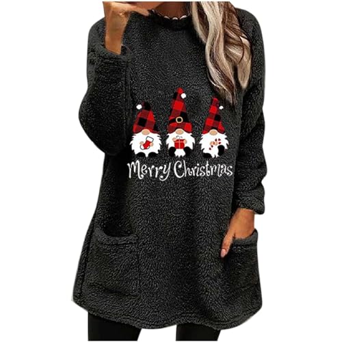 wuitopue Weihnachtspullover Damen Fleece Pullover Herbst Und Winter Warmes Plüsch Pullover Oberteil Lässiges Weihnachtskleid Merry Christmas Bedrucktes Pullover Gepolstertes Warmes Sweatshirt von wuitopue