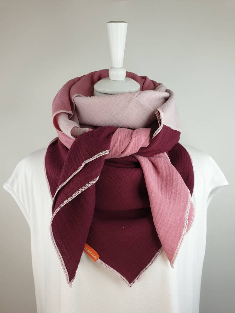 Baumwolltuch Bordeauxviolett Rosa, Großes Tuch Mehrfarbig, 130 X cm, Musselin 100% Baumwolle von wundabaa