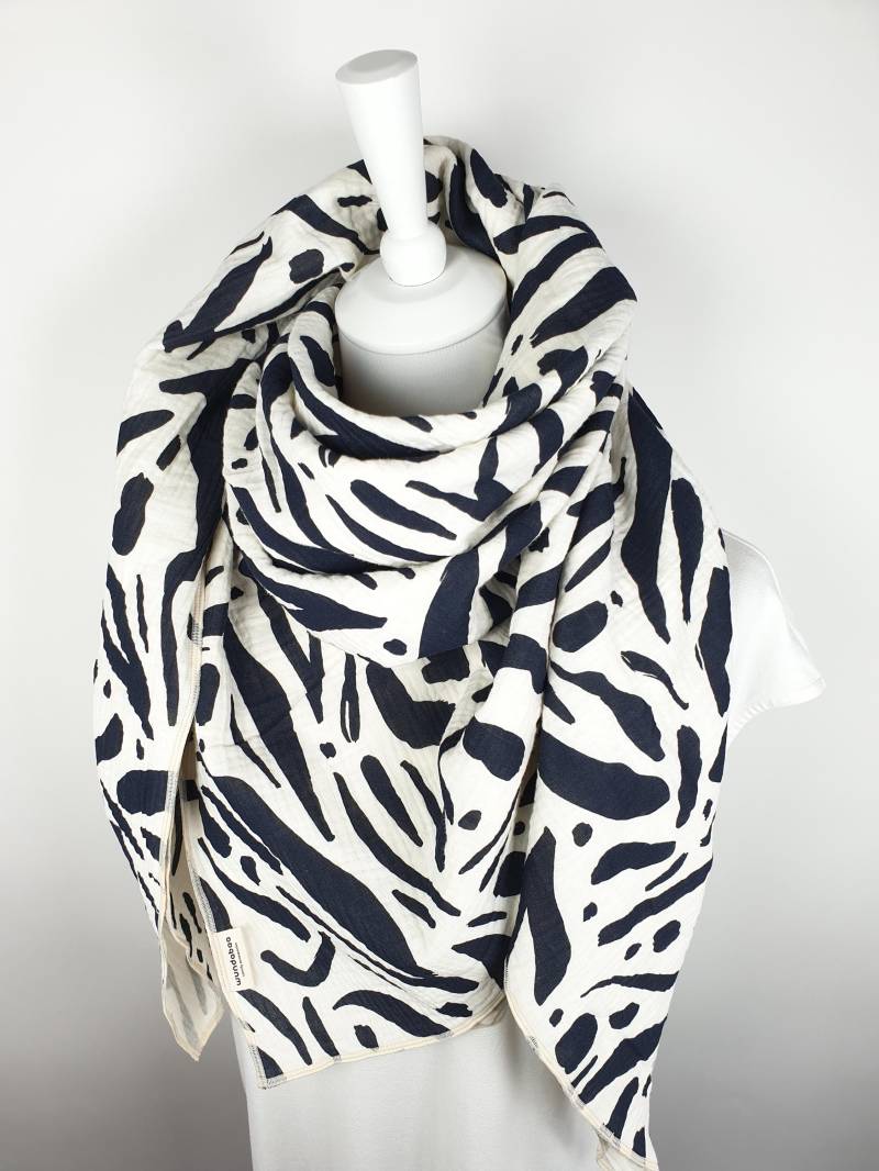 Halstuch Musselin Cremeweiß/Dunkelblau Gemustert Für Damen Und Kinder, Musselintuch, Verschiedene Formate, 100% Baumwolle von wundabaa