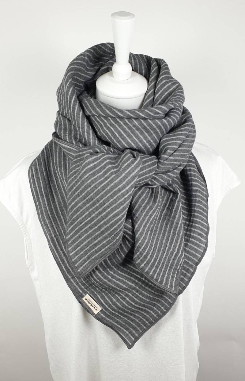 Musselin Halstuch Grau Mit Weißen Streifen Damen Mädchen, Verschiedene Formate, 100% Baumwolle, Double Gauze von wundabaa