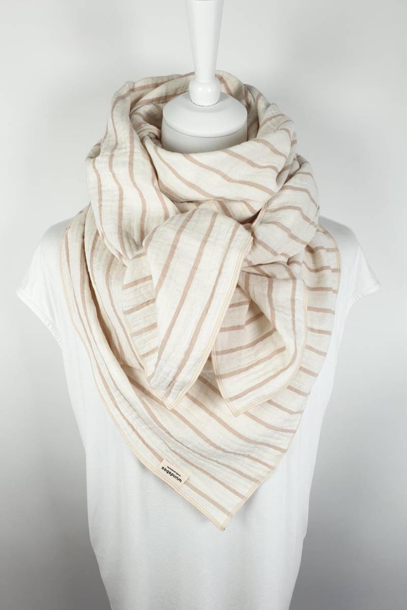 Musselin Halstuch Naturfarben Mit Beigen Streifen Damen Mädchen, Verschiedene Formate, 100% Baumwolle, Double Gauze von wundabaa