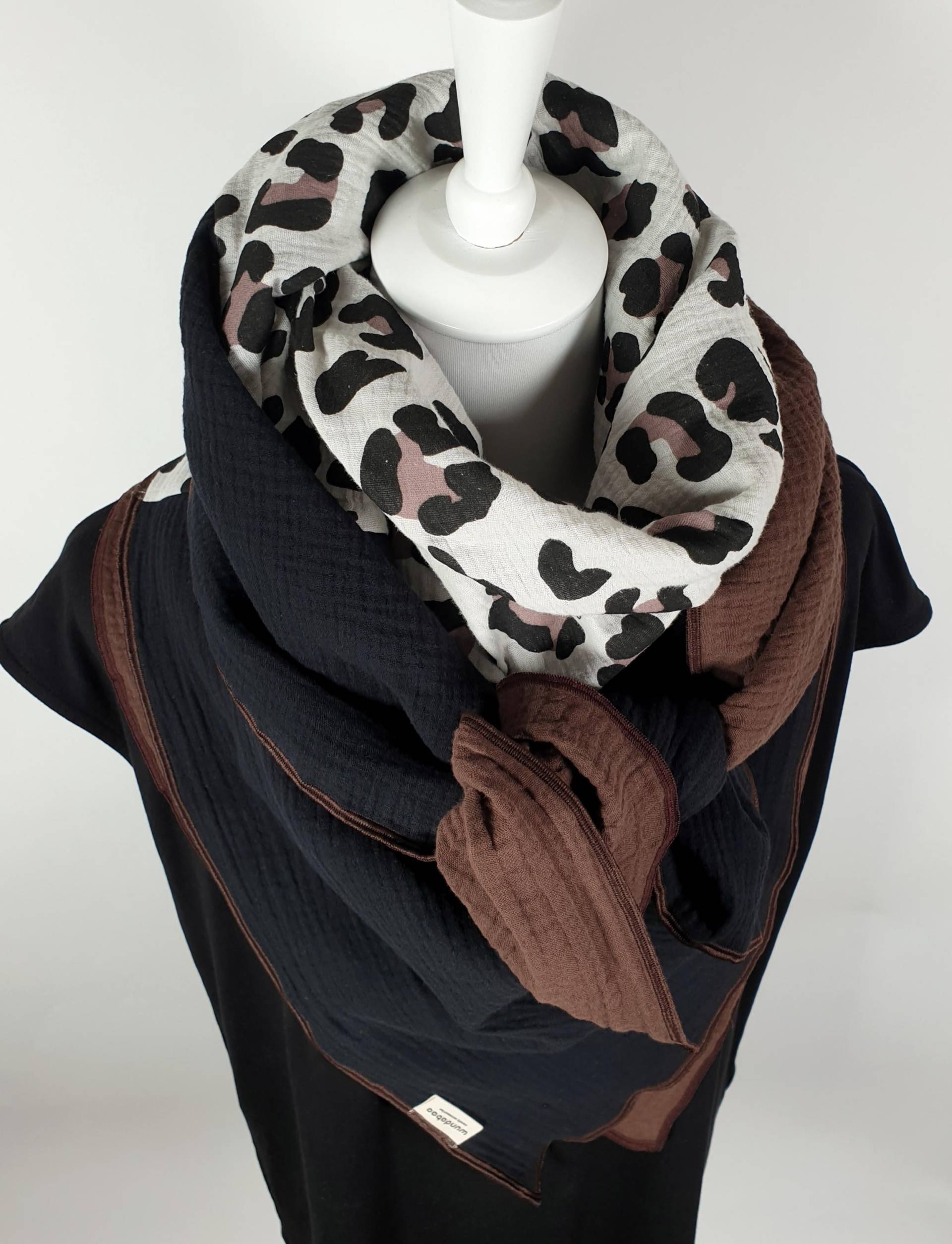 Musselintuch Halstuch Leoprint Colorblocking Schwarz Braun Damen Mädchen, Großes Baumwolltuch 1, 30 M X M, 100% Baumwolle von wundabaa
