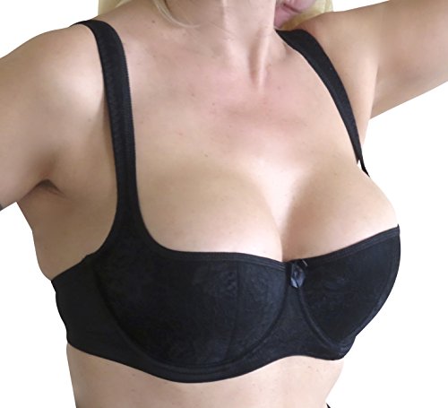 Mega sexy Balconett Push up Bügel BH mit extra Kissen Spitze Weiss 70 75 80 85 90 95 100 A B C D E F G (75E, Schwarz) von wundershop