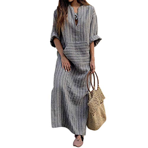 wxiaomai Damen Langarm Baumwolle Leinenkleid mit Taschen Kaftan Boho Maxikleid Große Größen Mittelalter Kleider V Ausschnitt Lockere Freizeitkleider 2XL von wxiaomai