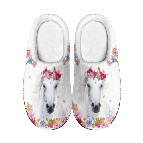 Hausschuhe Weißes Pferd Damen Herren Winter Hausschuhe Gemütlich Plüsch Pantoffeln Rutschfeste Unisex Warm Hausschlappen,Für Die Ganze Familie von wxlmom