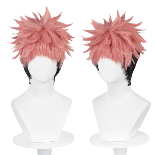 Wxypreey Anime Yuji Itadori Cosplay Perücke Rosa Gemischt Schwarz Kurze Lockige Party Haar Halloween Zubehör Männer Perücke von wxypreey