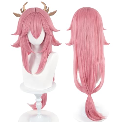 wxypreey Yae Miko Perücke Spiel Cosplay Haar Synthetische Rosa Cosplay Perücke Halloween Perücke + Gratis Perückenkappe von wxypreey