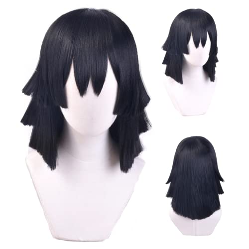 wxypreey Anime Cosplay Perücke Iguro Obanai Kostüm Perücke Schwarz Blau Highlight Anime Perücke + Perückenkappe von wxypreey