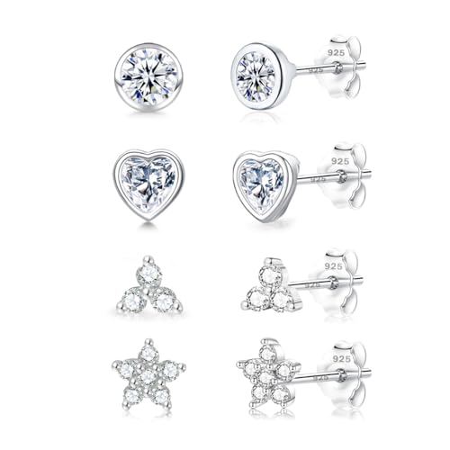wynn's 4 Paar Ohrringe Silber 925 Ohrstecker Set Cubic Zirkonia Kleine Hypoallergen für Damen Mädchen Kinder, Ohrstecker Silber für mehrere Piercings 4mm*4 von wynn's